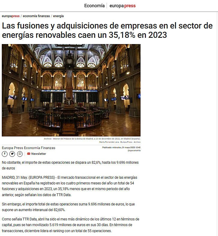 Las fusiones y adquisiciones de empresas en el sector de energas renovables caen un 35,18% en 2023